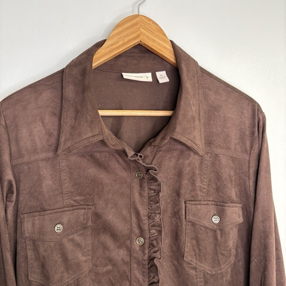 Susan Graver Womens Top XL Brown Faux Suede Button Ruffle Western Country Ranch - Picture 2 of 12